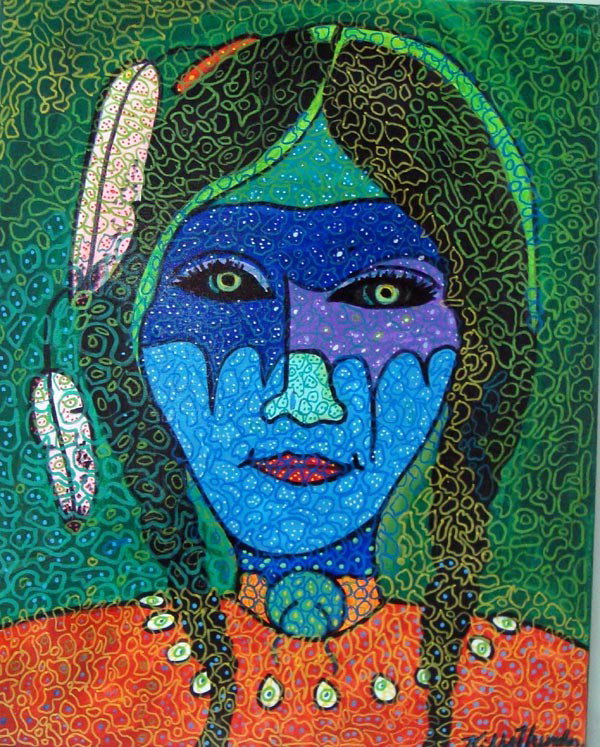 Kills Thunder painting "Pattern Princess": Kills Thunder painnting, "Pattern Princess". The beautiful face is ready for anything that comes her way. 18''w x 20'' H. Acrylic on canvas. Buyers Pay Actual Shipping and Handling Charges(see terms a