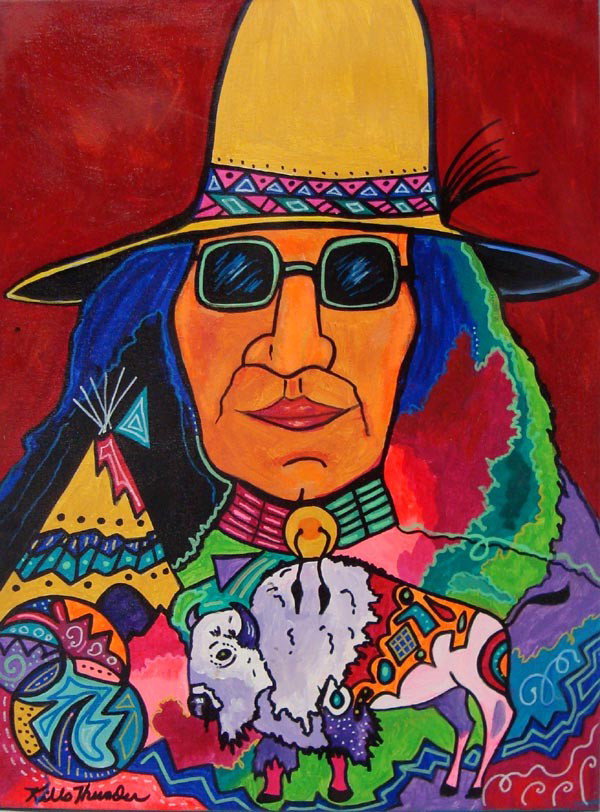 Kills Thunder Painting, "Sioux Native Son": Kills Thunder painting, "Sioux Native Son". Measures 24''H X 18''W. Buyers Pay Actual Shipping and Handling Charges(see terms and conditions for more information).