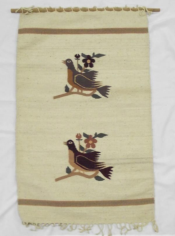 Mexican Zapotec Weaving: Mexican Zapotec weaving with dowel hanger. Bird design. 24.75'' L x 39''H without fringe.Buyers Pay Actual Shipping and Handling Charges(see terms and conditions for more information).