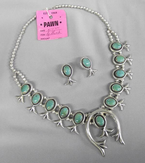 Navajo Sterling Turquoise Squash Necklace Earring: Native American Navajo Sterling Turquoise Squash Blossom Necklace and Earrings Hallmarked AJB. The Naja is stamped on the back, ''Sterling AJB'' for Albert James Brown. Naja measures 2.5''x2'' and the