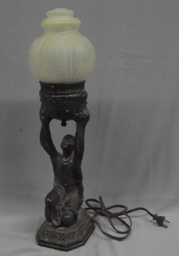 Vintage Art Deco Electric Lamp: Vintage Art Deco Electric Lamp. Cast pot metal Art Deco lamp base, bronze finish. Lamp overall measures 19'' high x 5.5'' wide and 5.5'' deep. The frosted glass shade works well with the lamp, possibl