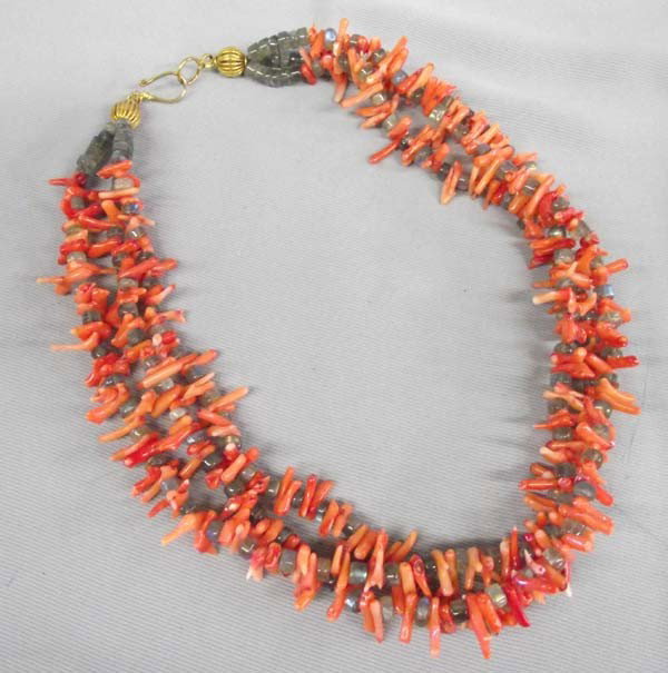 Coral & Labradorite Bead Necklace: Coral & Labradorite Bead Necklace. Measures approx. 18'' end to end. Buyers Pay Actual Shipping and Handling Charges(see terms and conditions for more information).