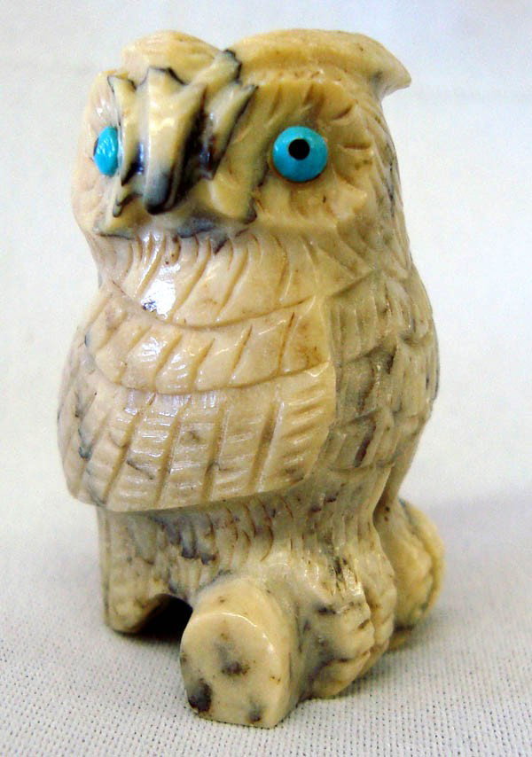 Zuni Fishrock Serpentine Owl Fetish by Banteah: Native American, Zuni Fishrock Serpentine Owl Fetish by Christine Banteah. Finely carved feathers and turquoise eyes. 1.75''H x 1'' W Buyers Pay Actual Shipping and Handling Charges(see terms and cond