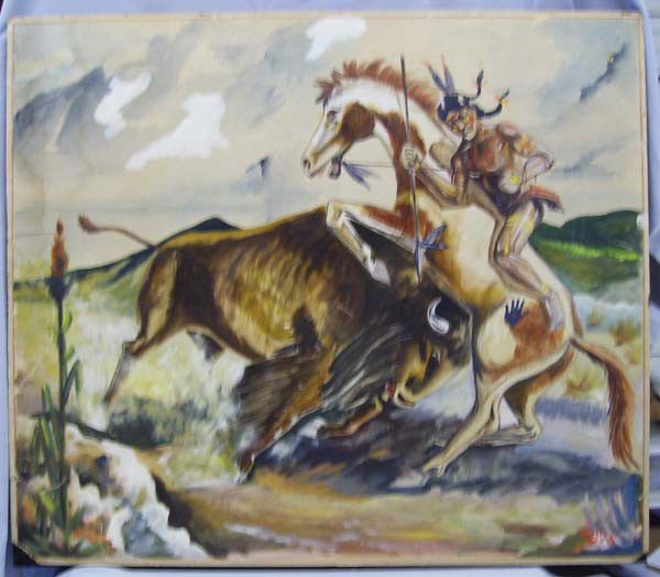 Buffalo Hunt Painting w/ Indian on Horseback: Buffalo Hunt Painting With Indian on Horseback. Graphic depiction of a buffalo hunt. Artist signed tempera painting on artist board, measuring 26'' x 30.5''. The artist signature is difficult to read;