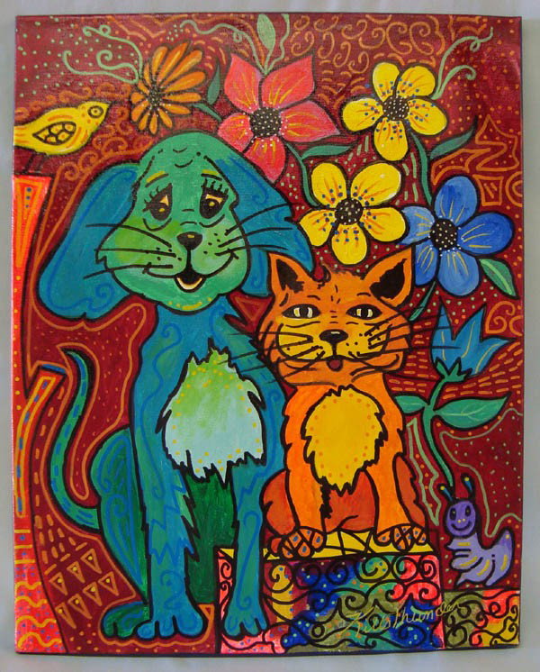 Original Painting by Kills Thunder - Two Little Buddies: Two Little Buddies, Original art by artist Kills Thunder. 16''W x 20''H. Dog and Cat characters. Signed and dated by artist. Buyers Pay Actual Shipping and Handling Charges(see terms and conditions fo