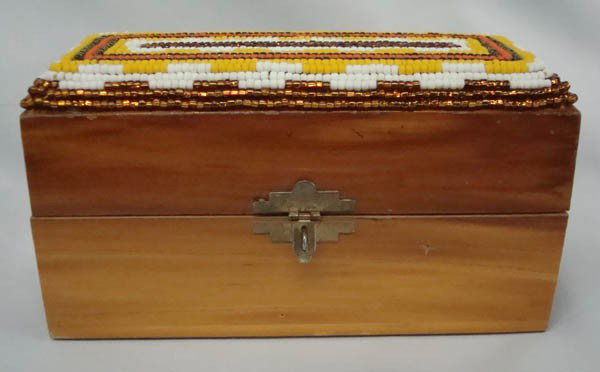 Beaded lided Cedar Jewelry Box by Kills Thunder: Lined cedar box with beaded lid by Kills Thunder. 8.5''L x 4.25'' H x 3.5'' W. Red velvet lined. Latch but no lock. Buyers Pay Actual Shipping and Handling Charges(see terms and conditions for more in