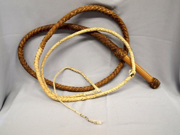 Cowboy Braided Leather Bull Whip: Cowboy Braided Leather Bull Whip. Measures 135'' long. Handle is plastic or resin tube. Buyers Pay Actual Shipping and Handling Charges(see terms and conditions for more information).