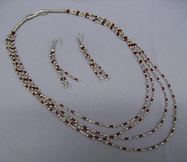 Navajo Sterling Silver Bead Necklace/Earrings: Navajo Native American Sterling Silver Bead Necklace/Earrings. Three strand necklace is made of sterling silver twisted tube beads with round bead spacers. Also ruby red glass tube beads. Sterling con