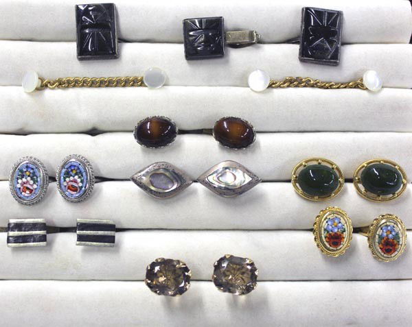 Vintage 1950s Collection of Cufflinks : Vintage Cufflinks Lot, 1950's-'60's. Includes 2/Venetian micro mosaic links, Chinese jade oval cabochons, faux Topaz prong-set faceted stones, faux Tiger Eye, Mexican sterling silver with ebony inlays