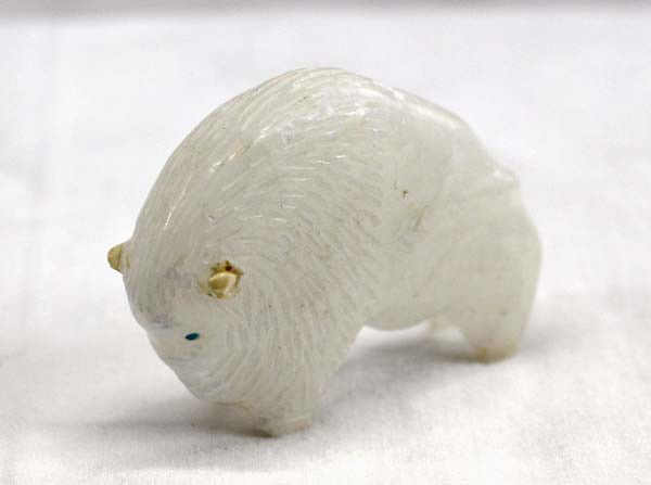 Zuni White Alabaster Buffalo Fetish: Native American Zuni White Alabaster Buffalo Fetish. Turquoise eyes. Purchased at IACA. Measures approx. 1 1/2''H x 2 1/3''L. Buyers Pay Actual Shipping and Handling Charges(see terms and conditions f