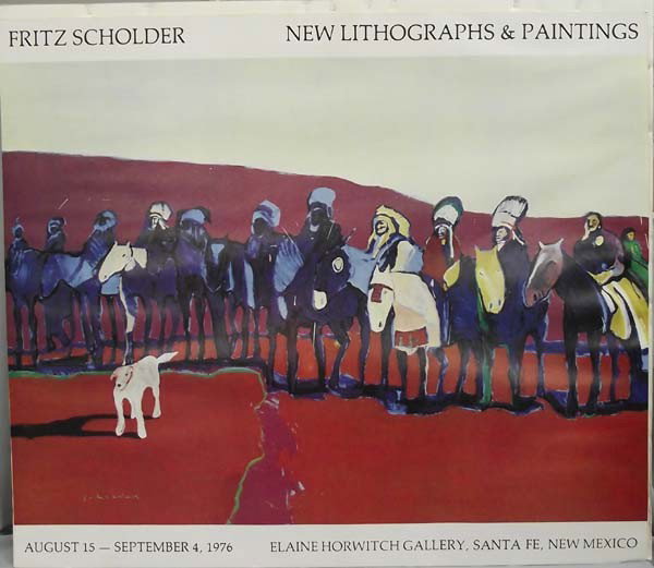 1976 Fritz Scholder Signed Poster: Fritz Scholder Signed Poster. New Lithographs & Paintings, August 15 - September 4, 1976, Elaine Horwitch Gallery, Santa Fe, New Mexico. Measures approx. 30'' x 21''. Buyers Pay Actual Shipping and Ha