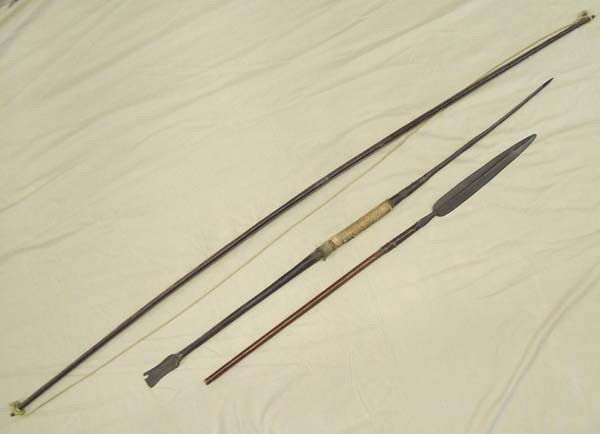 3 Zuni African Spears and Bow: 3 Zuni African Spears and Bow. One of the spears is an ''atlatl'' which is a type of dart thrower. The bow is 59'' long. Buyers Pay Actual Shipping and Handling Charges(see terms and conditions for mo