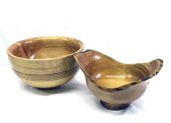 New Mexico Hand Turned Wooden Bowls - Creager: Wooden Bowls Hand Turned. Two bowls turned on a lathe by the same craftsman Wondell Creager of Hatch, NM. The smaller bowl is pear wood, organic in shape and signed, measuring approx. 8 1/4'' x 5 1/4'