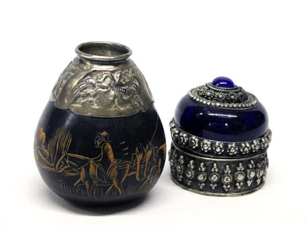 2 Small Decorative Containers Gourd and Blue Glass: 2 Small Decorative Containers Gourd and Blue Glass. The gourd has a South American scene etched on it and embossed metal rim. The other is Asian blue glass with a hinged lid and metal decorative trim.