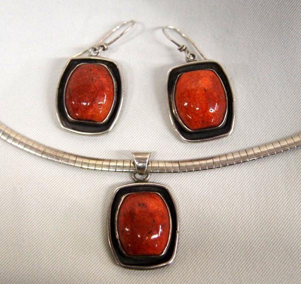Sterling Coral Necklace and Earrings Set Hallmark MC: Coral Necklace Choker and Pierced Earrings Set Hallmark MC. Necklace is 16'' end to end. Pendant and earrings are 1''x7/8''. Stamped on the back, ''MC''. Buyers Pay Actual Shipping and Handling Charge