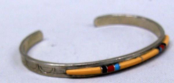 Zuni Sterling Silver Overlay Bracelet: Native American Zuni Sterling Silver Overlay Bracelet with Shell, Jet, Coral and Turquoise. Measurement in Inches - Inside Length(Including Opening) 6'' x 1/8''Width. Buyers Pay Actual Shipping and Ha