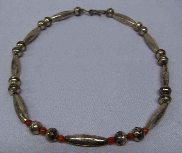 Navajo Sterling Silver Coral Chokerl: Native American Navajo Sterling Silver Bead Choker w/Coral Spacers. Measures 16 1/2''. Buyers Pay Actual Shipping and Handling Charges(see terms and conditions for more information).