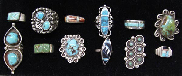 Collection Sterling Silver Turquoise Rings: Collection of 12 Sterling Silver Rings, Turquoise. Both Native American Navajo & Zuni pieces with turquoise, some inlays with coral, jet, mother of pearl, abalone and opal channel inlays. Some carved