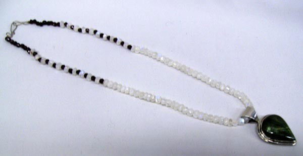 Sterling Silver Abalone Doublet Pendant Necklace: Sterling Silver Abalone Doublet Pendant Necklace. Measures 9'', quartz faceted beads with red glass spacer beads. Pendant is Abalone Doublet on a sterling silver mount, marked ''925'', measures 1 1/4'