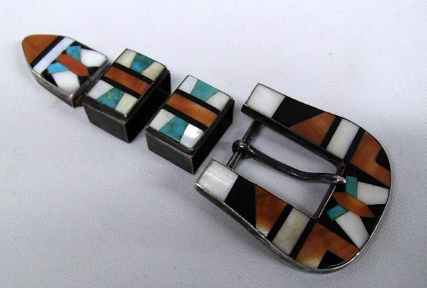 Vintage Zuni Ranger Belt Set: Vintage Zuni Ranger Belt Set 4 pcs. Stone to Stone, Sterling Silver. Buckle measures 1 3/4'' x 1 3/4'' to accomodate a 3/4'' belt. Stones are abalone, jet, coral and turquoise, set stone to stone. Buy