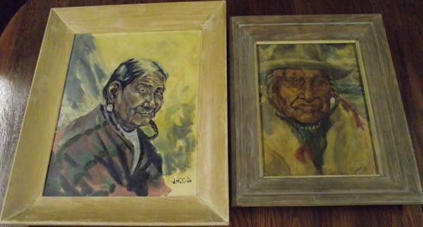 2 Original Oils By Ned Jacobs: 2 Original Oils By Ned Jacobs. Wood frames. Native American portraits. Visual on the smaller painting measures approx. 16''H x 12''W, visual on the larger painting measures approx. 19 1/4''H x 15 1/2'
