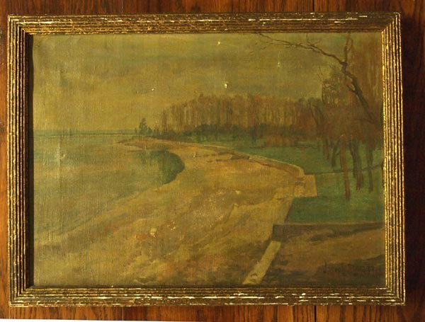 Vintage Framed Oil Painting by Joseph Sloman: Vintage Framed Oil Painting by Joseph Sloman. Painting on canvas; visual measures 17.75''x12.75''. Paint chipping on frame. Back of painting says, ''Joseph Sloman, Union City, N.J. Oyster Bay in Autum