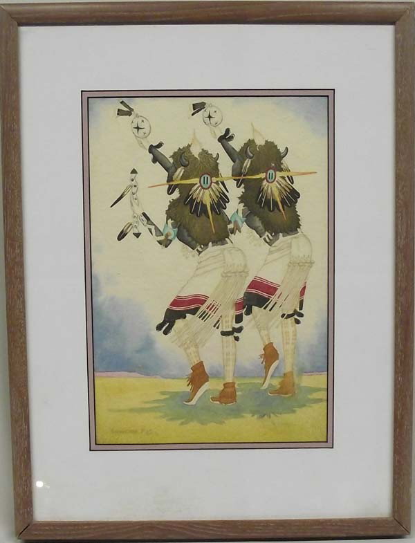 1990 Original Hopi Watercolor By R.S. Albert: 1990 Original Hopi Watercolor by Robert Stephen Albert ''Sakhomenewa''. Framed in a wood frame, double matted, under glass. Visual measures approx. 14''H x 9 1/2''W. Needs re-seated in frame. Some dis