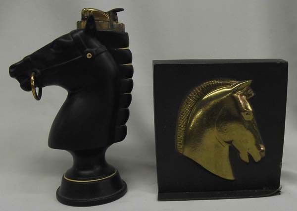 1950 Evans Cigarette Lighter & PM Scroll Book End: 1950 Evans Horse Cigarette Lighter & PM Scroll Book End. Horse lighter measures approx. 6 1/2''H x 4 1/2''W, book end measures approx. 4 7/8''H x 3 1/4''W. Buyers Pay Actual Shipping and Handling Char