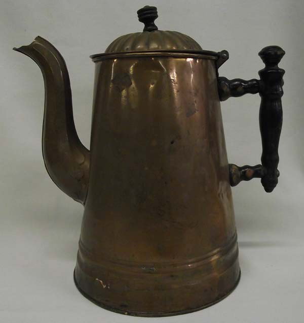 Antique European Copper Coffee Pot: Antique European Copper Coffee Pot. Measures approx. 9''H x 6 1/2'' Diameter. Some denting. Buyers Pay Actual Shipping and Handling Charges(see terms and conditions for more information).