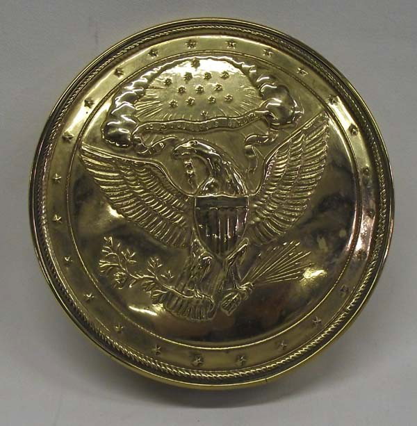 Heavy Round Brass Box: Heavy Round Brass Box. On lid says: ''E Pluribus Unum'', marked on the bottom ''MMA''. Measures approx. 1 1/8''H x 5 1/4'' diameter. Buyers Pay Actual Shipping and Handling Charges(see terms and condi