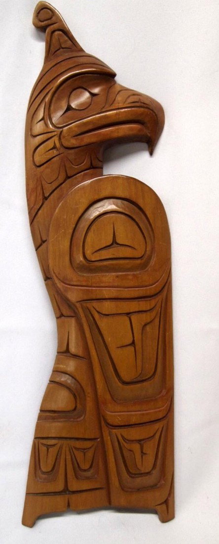 Northwest Squamish Thunderbird Totem-Pete Charlie: Native American Northwest Squamish Thunderbird Totem-Pete Charlie. Solid wood carving with pencil writing on the back that says, ''Thunder Bird Pete Charlie Capilano Res Squamish Band.'' Measures 17.7