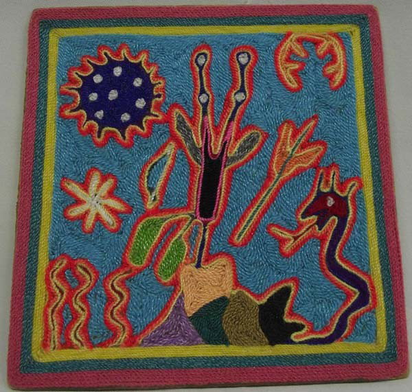 Huichol Yarn Painting: Huichol Yarn Painting. Fine work, showing Pryote, deer antlers, snake, prayer feathers. Written in Spanish and signed on the back. Measures approx. 5 3/4'' square. Buyers Pay Actual Shipping and Handl