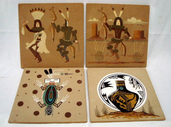 Four Native American Sand Paintings: Four Native American Sand Paintings. Two measure 13'' square and are wired for hanging; Yei Bei Chai, a dancer and a clown. Artist Wilson Price, Sheep Springs, Tohatchinim. Some scratches on sand. Det