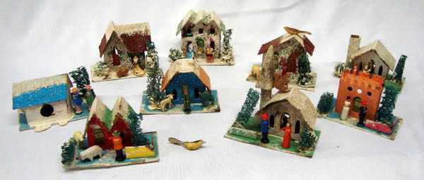 1940's Japanese Handmade Paper Christmas Houses: 1940's Japanese Handmade Paper Christmas Houses with little people and trees. Nine total. Largest is 4.75''H x 4''L. Delicate. Some staining from age. Buyers Pay Actual Shipping and Handling Charges(s