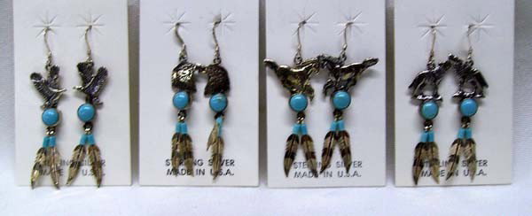 Silver & Turquoise Earrings, 4 Pr. Pierced: Sterling Silver & Turquoise Earrings, 4 Pr. Pierced. Longest pair measures 2 1/8''. Design motifs are coyotes, eagles and horses with turquoise stones and feathers with turquoise heishi beads.Buyers P