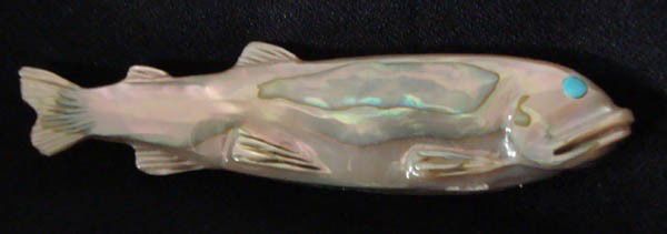 Zuni Abalone Fish Fetish: Native American, Zuni Abalone Fish Fetish. 3''L x .75''H. Turquoise eyes. Each side has different colors. Buyers Pay Actual Shipping and Handling Charges(see terms and conditions for more information)
