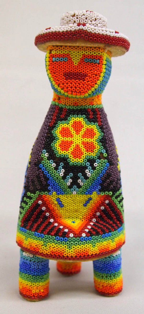 Mexican Huichol Beaded Man Figure: Mexican Huichol Beaded Man Figure. Very colorful beading on wood of man on a three legged stool. Measures 6''Hx2.25''W2.5''D. Buyers Pay Actual Shipping and Handling Charges(see terms and conditions f