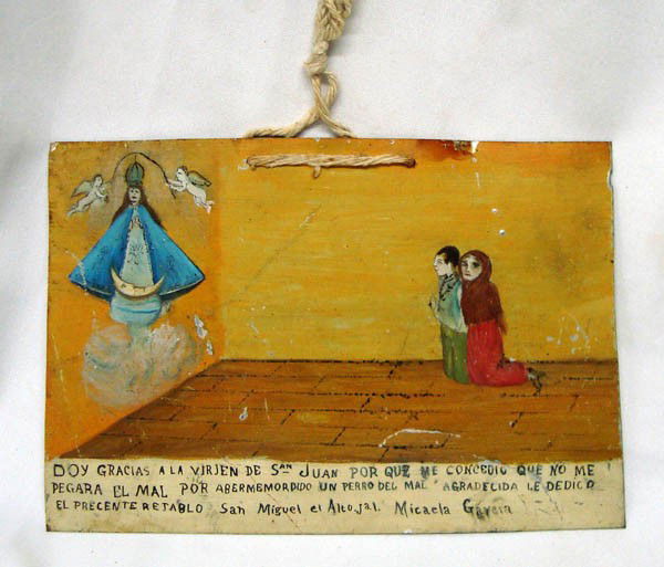 Mexican Retablo Ex Voto Wall Hanging: Mexican Retablo Ex Voto Wall Hanging. 9.5'' W x 6.75''L. Painted on metal with string hanger. The bottom right corner has some smearing of name Garcia. Some scratches in paint. Buyers Pay Actual Shipp