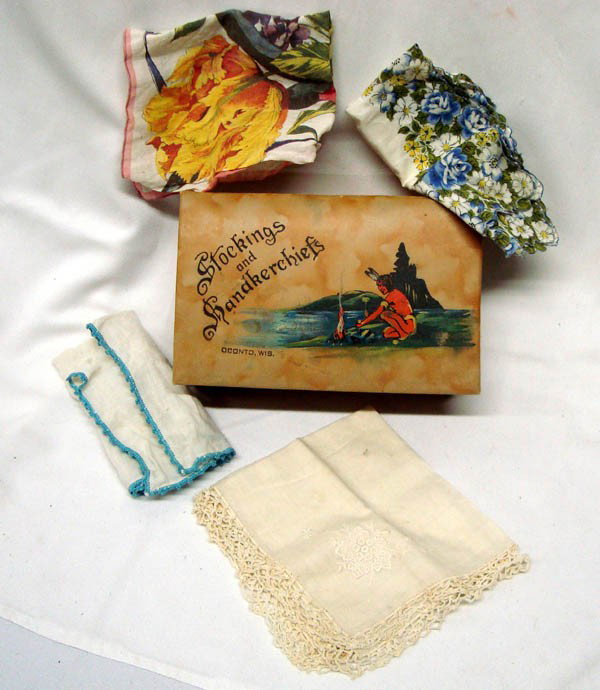 Vintage Stockings and Handkerchiefs Dresser Box: Vintage Stockings and Handkerchiefs Dresser Box. Marked ''oconto, Wis.'' 8.5''L x 5.5''W x 2.5''H. 4 handkerchiefs inside. Stain and some marks on the bottom, otherwise very clean. Buyers Pay Actual S