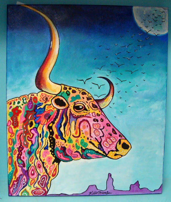 Original Painting by Kills Thunder "Old Texas Roamer": Original art by Kills Thunder- ''Old Texas Roamer''. Signed and dated on back of picture. Acrylic on canvas. 20x24''. Buyers Pay Actual Shipping and Handling Charges(see terms and conditions for more 