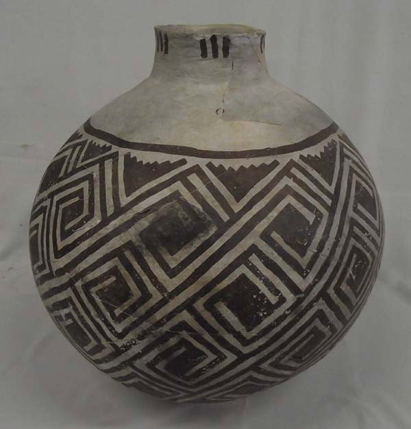 Prehistoric Tularosa Storage Jar MUST BE PICKED UP: Prehistoric Tularosa Storage Jar MUST BE PICKED UP, measures approx. 14.5 x 15''W. As is, very little restoration as plaster. Has been glued, not professionally. Some fill on cracks, very little. One