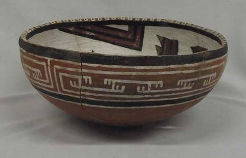 Rare Prehistoric Polychrome Showlow Bowl: Rare Prehistoric Polychrome Showlow Bowl, measures approx. 4''H x 9''H. Red, Greenish Black, Black on White. Red & White Dot Dash Rim. Black & White Flying F on Red. Has been glued, no overpaint, no p
