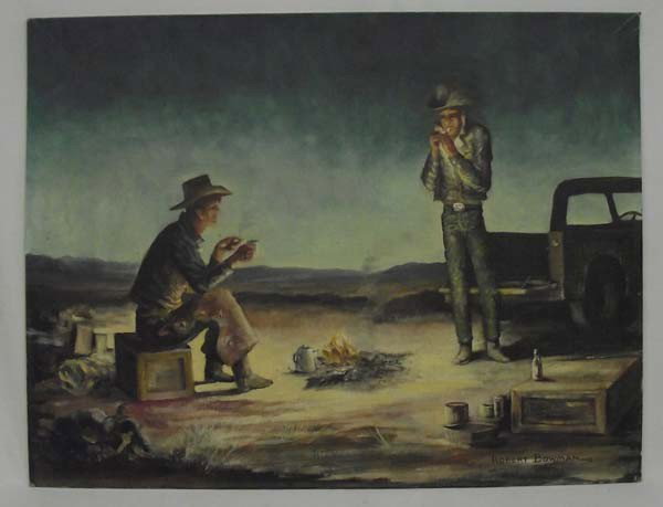 Oil Painting of Cowboys by Robert Bowman: Oil Painting of Cowboys by Robert Bowman. Painting is on artist board and measures 18''x24''. Buyers Pay Actual Shipping and Handling Charges(see terms and conditions for more information).