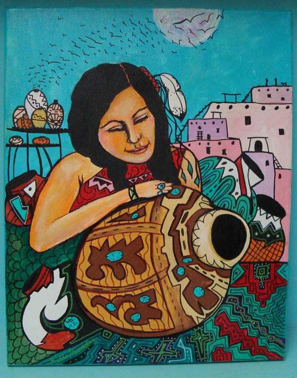 Original Painting Kills Thunder, "Lady of the Pottery": Original art by Kills Thunder. Signed and dated on back by artist. Titled ''Lady of the Pottery'' 16x20'', acrylic on canvas. Buyers Pay Actual Shipping and Handling Charges(see terms and conditions f