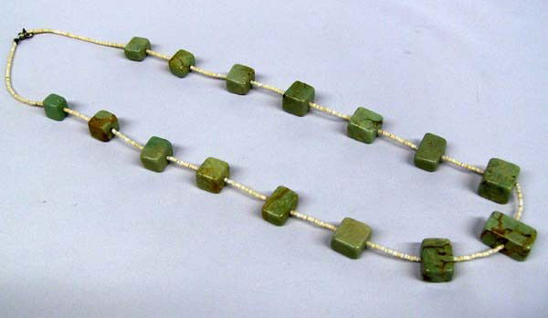 Navajo Green Turquoise Shell Heishi Necklace: Vintage Square Green Turquoise Necklace with Heishi beads. Necklace measures 29'', 15 square stones, largest 7/8'' x 1/2''. Buyers Pay Actual Shipping and Handling Charges(see terms and conditions for