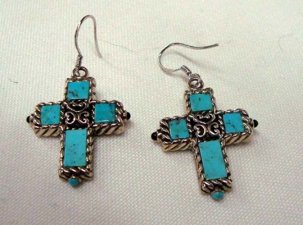 Reversible Cross Earrings Turquoise to Onyx: Reversible Cross Earrings- Turquoise to Onyx with moonstone center. ''Thailand'', Pierced wires, 1 & 7/8''. Buyers Pay Actual Shipping and Handling Charges(see terms and conditions for more informatio