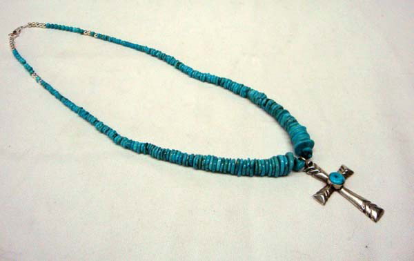 Navajo Turquoise Sterling Cross Necklace - Maloney: Turquoise & Sterling Cross Pendant Necklace. 22''L Pendant is 2''L x 1.25''W and stamped ''M'' for Arnold Maloney. Buyers Pay Actual Shipping and Handling Charges(see terms and conditions for more inf