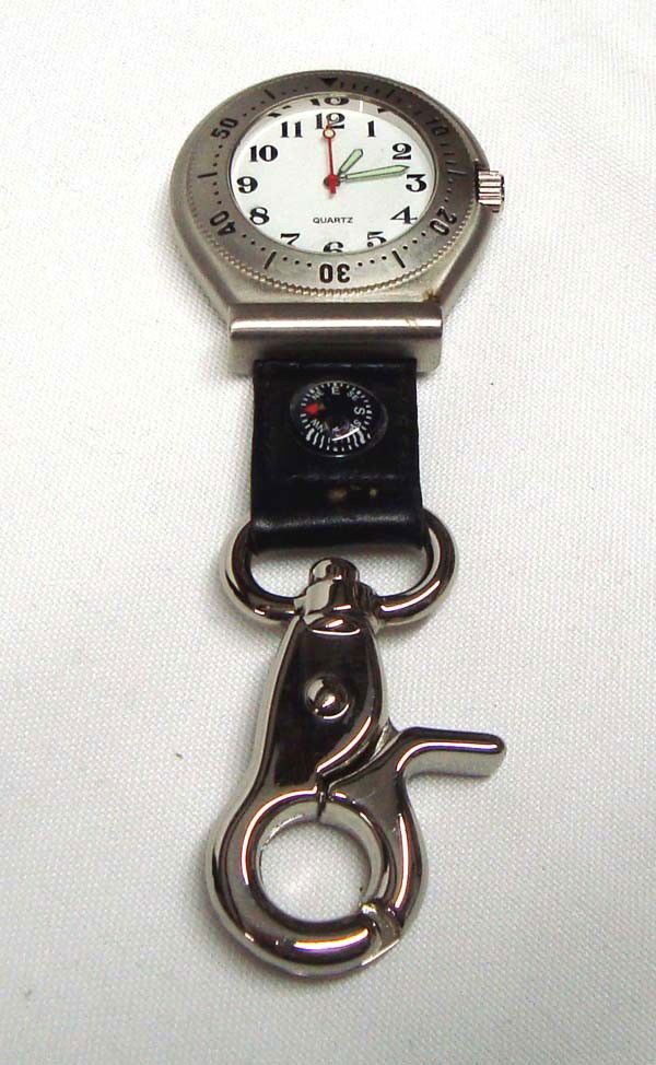 Croton Stainless Steel Water Resistant Watch: Stainless Steel Water Resistant Fob Watch. Croton. Needs battery. Has compass. Quartz face. Length including belt attachment, 5''. Watch measures 2'' x 1 & 7/8''. Buyers Pay Actual Shipping and Handli