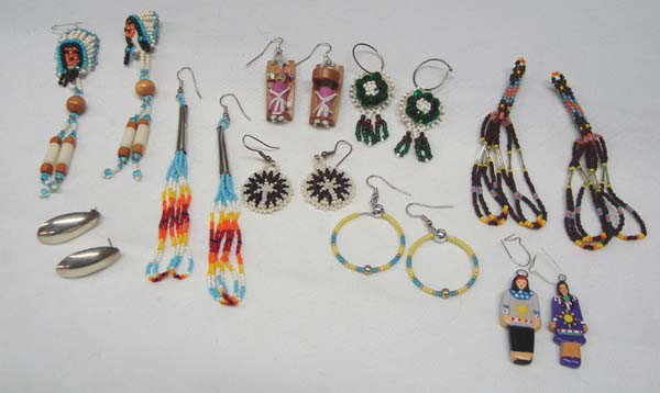 Nine Pair Native American Pierced Earrings: Nine Pair Native American Pierced Earrings. Mostly beaded, Longest 4.5''. Buyers Pay Actual Shipping and Handling Charges(see terms and conditions for more information)