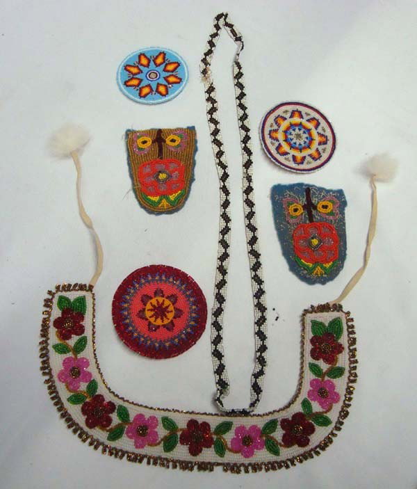 Collection of Native American Beadwork: Collection of Native American Beadwork. Medallion 3'' diameter. Beaded necklace needs repair. Collar size 14.75''. Buyers Pay Actual Shipping and Handling Charges(see terms and conditions for more inf